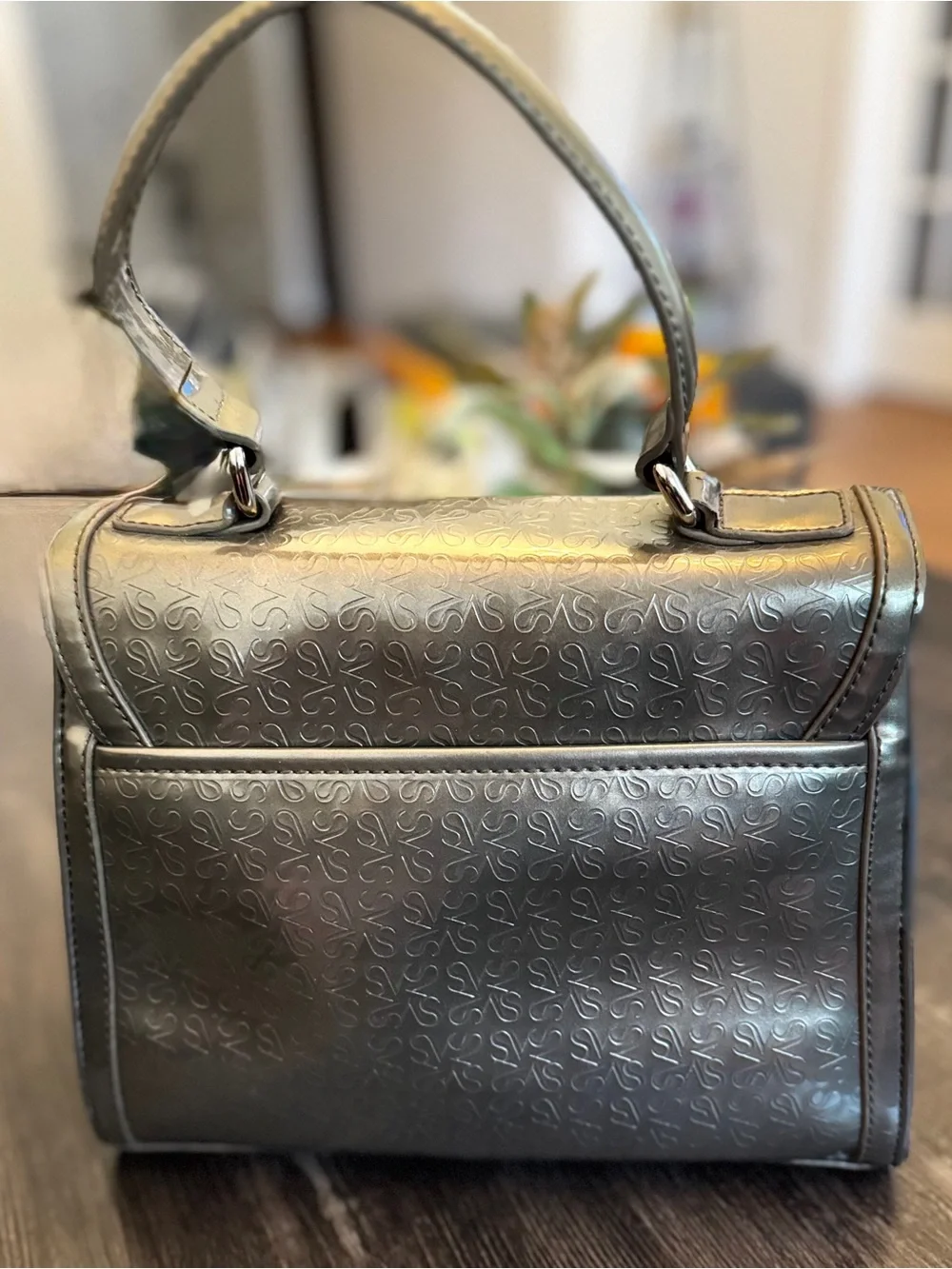 Simply Vera Vera Wang Gray Embossed Satchel Turn Lock Top Handle Purse
